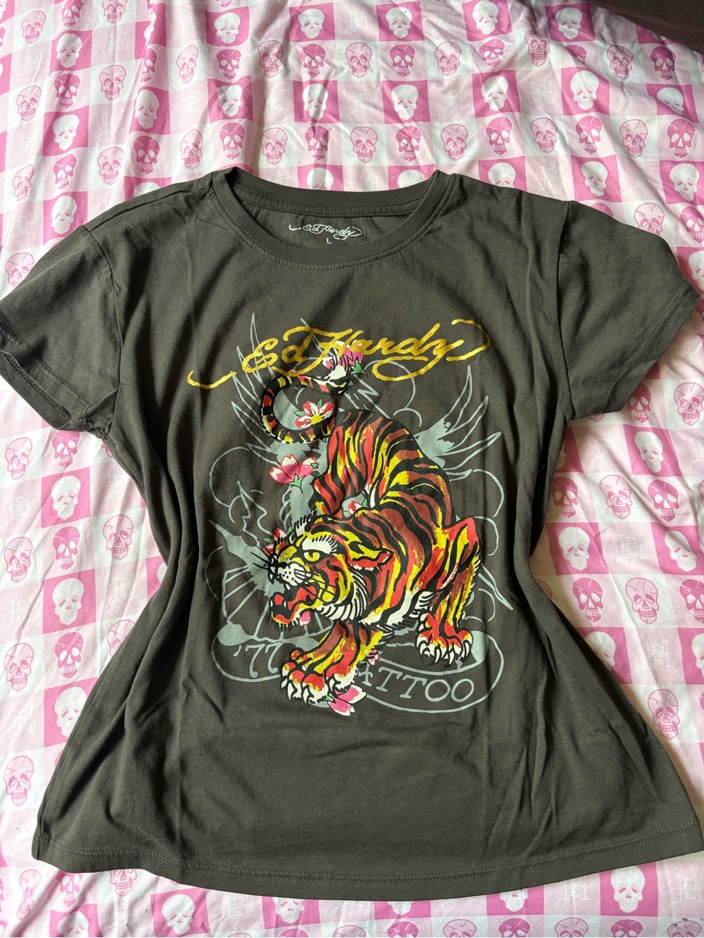Ed Hardy Black Short Sleeve Tee with Multicolor Tiger Graphic